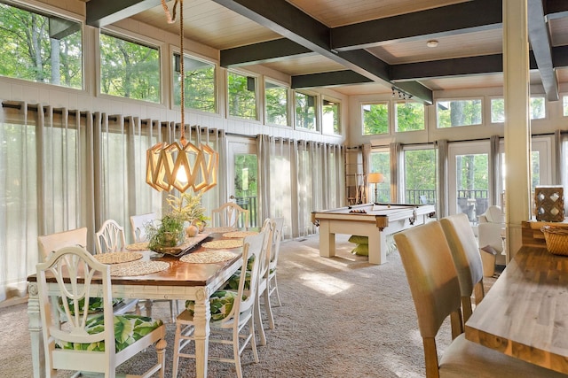 698 Crestview Dr, Sparta, TN 38583 - sunroom / solarium featuring pool table, beamed ceiling, and carpet flooring