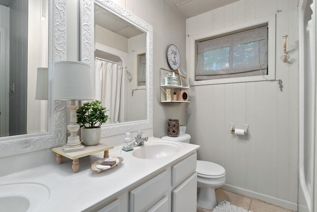 698 Crestview Dr, Sparta, TN 38583 - full bathroom featuring double vanity, toilet, tile patterned flooring, and a shower with shower curtain