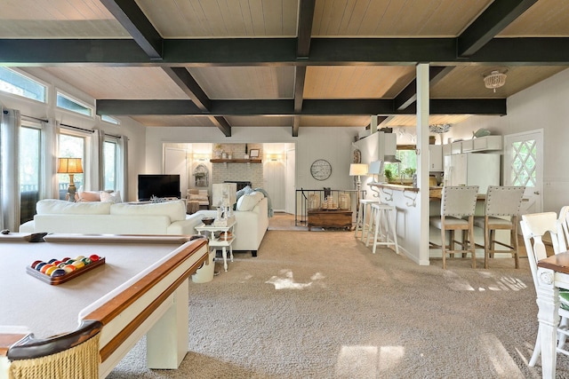 698 Crestview Dr, Sparta, TN 38583 - game room with beamed ceiling, carpet floors, and a fireplace