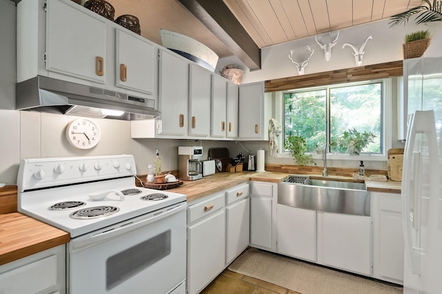 698 Crestview Dr, Sparta, TN 38583 - kitchen with white appliances, under cabinet range hood, wooden ceiling, a sink, and white cabinetry