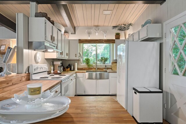 698 Crestview Dr, Sparta, TN 38583 - kitchen featuring white appliances, under cabinet range hood, a sink, light wood-type flooring, and white cabinetry
