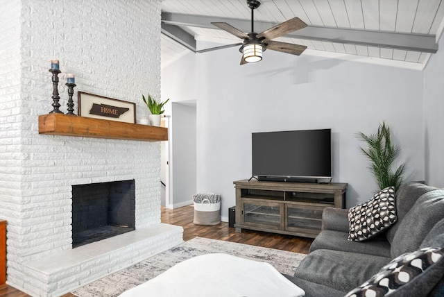 living room featuring a ceiling fan, wood finished floors, a brick fireplace, wood ceiling, and baseboards