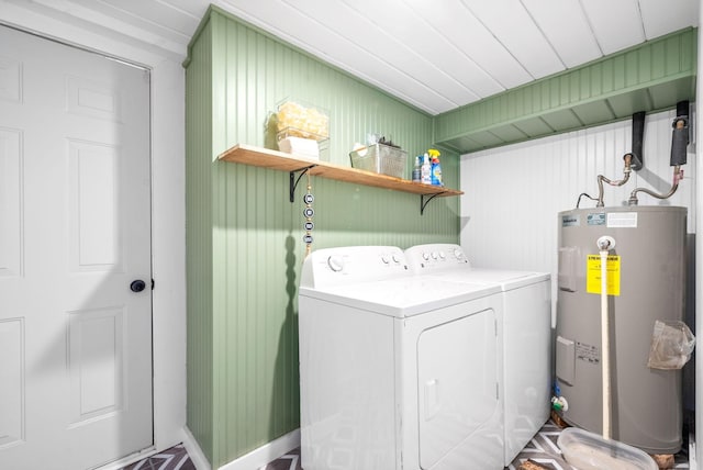 laundry room with water heater and washer and dryer