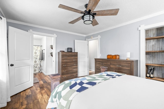 bedroom with wood finished floors, crown molding, a textured ceiling, ceiling fan, and ensuite bathroom