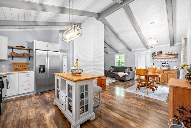 kitchen with stainless steel fridge with ice dispenser, open shelves, a chandelier, white cabinetry, and dark wood-type flooring