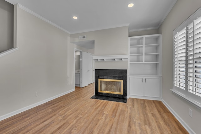 2732 Linmar Ave, Nashville, TN 37215 - unfurnished living room featuring wood finished floors, ornamental molding, a fireplace with flush hearth, baseboards, and recessed lighting