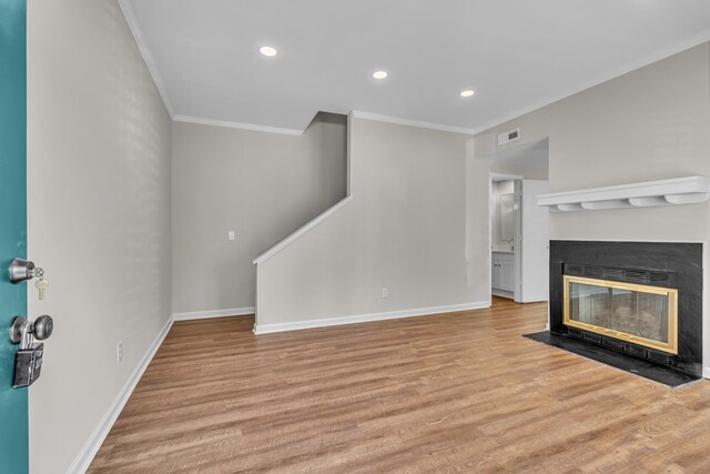 2732 Linmar Ave, Nashville, TN 37215 - unfurnished living room with crown molding, a fireplace with flush hearth, wood finished floors, baseboards, and recessed lighting