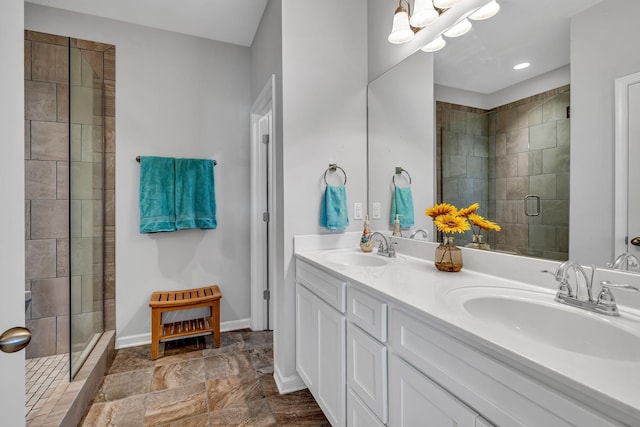 400 Tonalist Way, Smyrna, TN 37167 - full bathroom featuring a stall shower, double vanity, baseboards, a chandelier, and stone finish floors