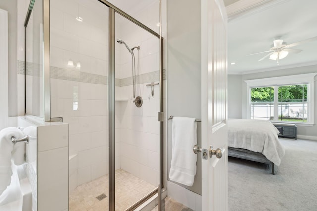 905 W Sagefield Dr, Smyrna, TN 37167 - ensuite bathroom with ornamental molding, a stall shower, and ceiling fan