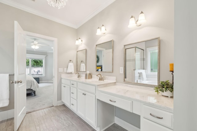 905 W Sagefield Dr, Smyrna, TN 37167 - ensuite bathroom with crown molding, double vanity, ceiling fan, a shower with door, and a chandelier