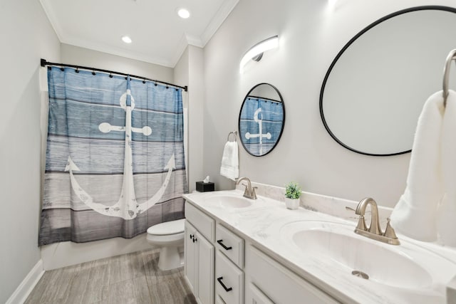 905 W Sagefield Dr, Smyrna, TN 37167 - bathroom featuring crown molding, toilet, double vanity, recessed lighting, and a shower with shower curtain