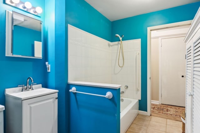 full bath featuring tile patterned flooring, shower / bathtub combination, and vanity