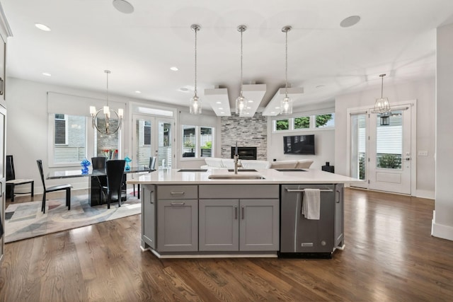1211A Sigler St, Nashville, TN 37203 - kitchen with gray cabinetry, a sink, dark wood-style flooring, light countertops, and recessed lighting