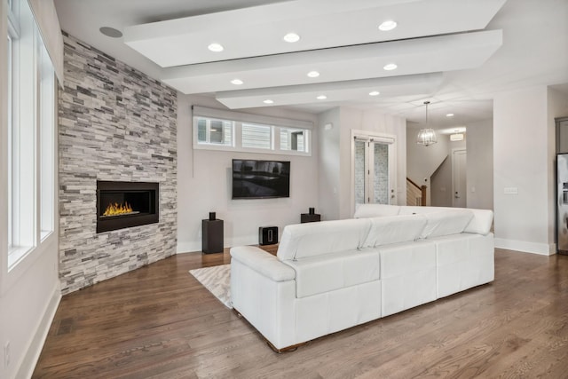 1211A Sigler St, Nashville, TN 37203 - living area featuring a tile fireplace, wood finished floors, baseboards, and recessed lighting