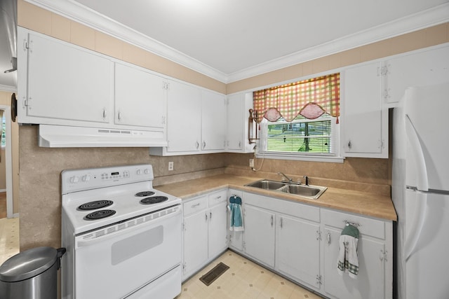 103 Walnut Dr, Carthage, TN 37030 - kitchen featuring white appliances, under cabinet range hood, a sink, ornamental molding, and light countertops