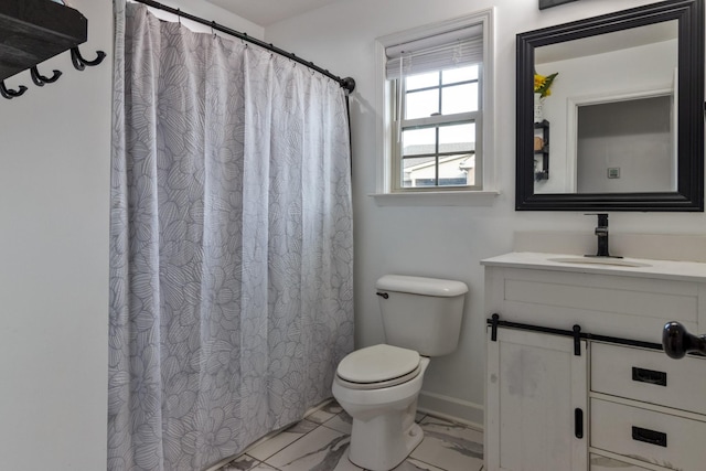 7919 Natahna Ct, Murfreesboro, TN 37127 - bathroom with marble look tile flooring, toilet, vanity, and curtained shower