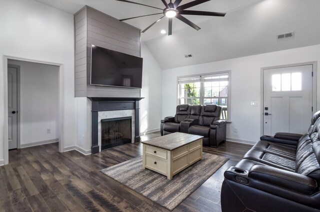 7919 Natahna Ct, Murfreesboro, TN 37127 - living room featuring ceiling fan, a fireplace, plenty of natural light, dark wood-style floors, and high vaulted ceiling