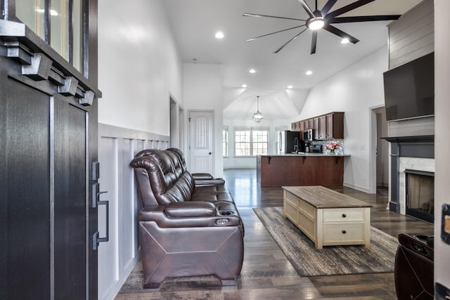 7919 Natahna Ct, Murfreesboro, TN 37127 - living area featuring high vaulted ceiling, a fireplace, dark wood-type flooring, ceiling fan, and recessed lighting