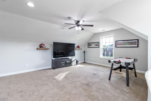 7919 Natahna Ct, Murfreesboro, TN 37127 - rec room with carpet, lofted ceiling, baseboards, ceiling fan, and recessed lighting