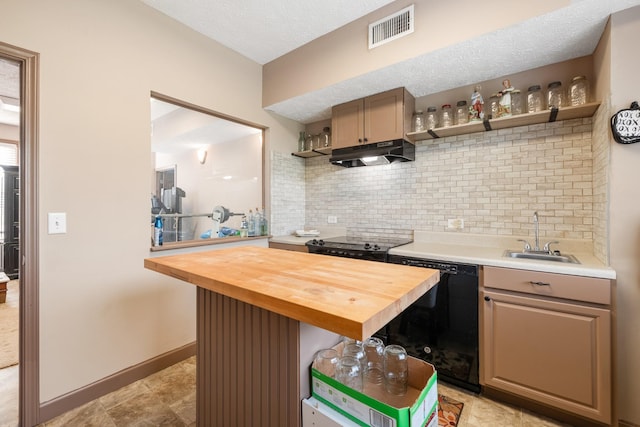 kitchen with open shelves, a sink, black dishwasher, wood counters, and a textured ceiling