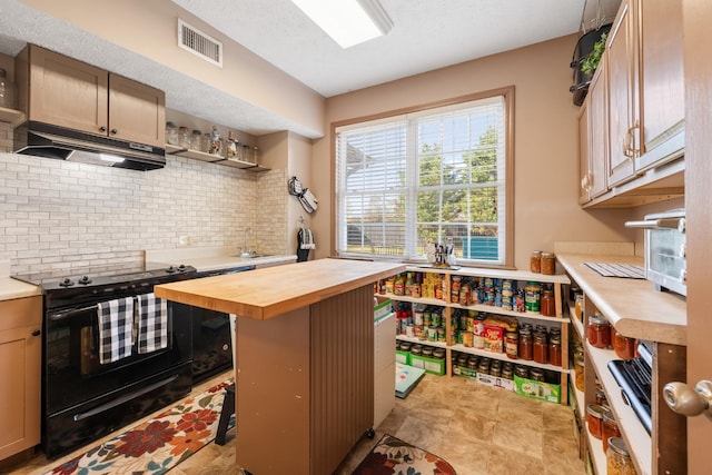 kitchen with black / electric stove, butcher block countertops, under cabinet range hood, backsplash, and a sink