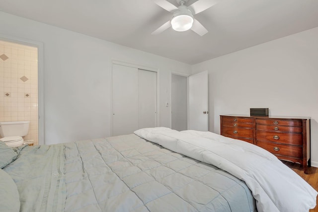 1008 Downey Dr, Nashville, TN 37205 - bedroom with a closet, wood finished floors, ensuite bath, and ceiling fan