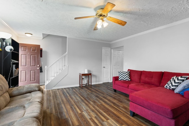 living room with wood finished floors, stairs, a textured ceiling, ceiling fan, and baseboards