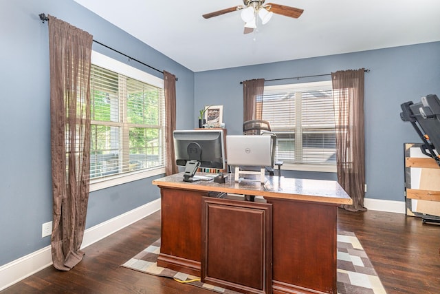 office space with a ceiling fan, dark wood finished floors, and baseboards
