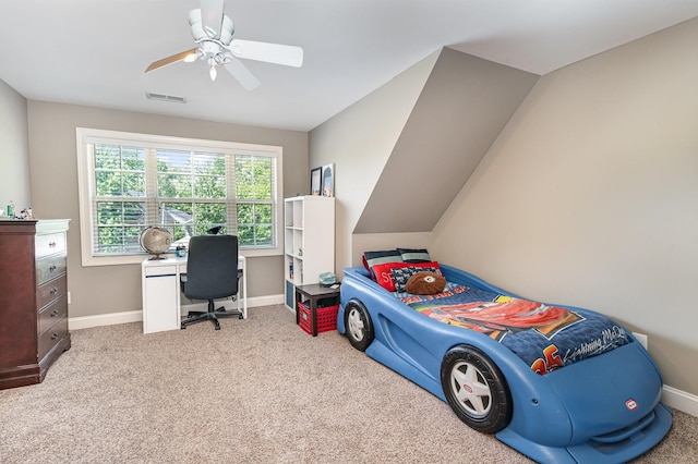 bedroom featuring carpet floors, baseboards, and ceiling fan
