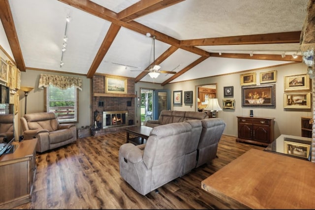 421 Robertson Dr, Smyrna, TN 37167 - living room with rail lighting, dark wood-style floors, a fireplace, and healthy amount of natural light