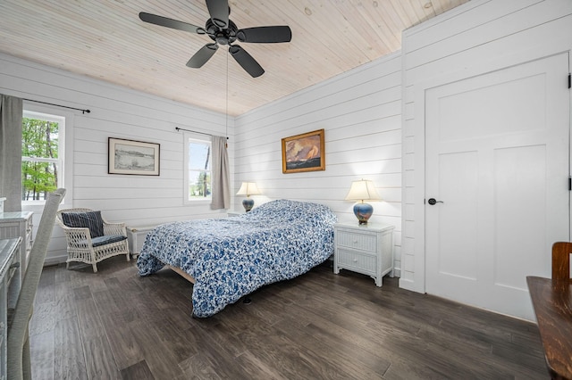 61 Sunset Ct, Tracy City, TN 37387 - bedroom featuring wooden ceiling, wood walls, dark wood-style floors, and a ceiling fan