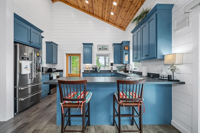 61 Sunset Ct, Tracy City, TN 37387 - kitchen featuring high end fridge, wooden ceiling, a peninsula, blue cabinets, and dark wood-type flooring