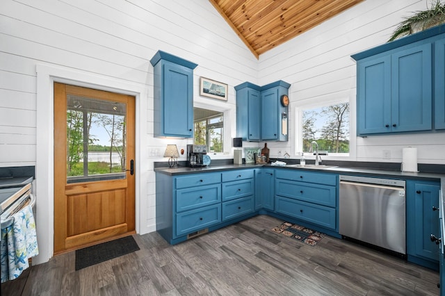 61 Sunset Ct, Tracy City, TN 37387 - kitchen featuring stainless steel appliances, wooden ceiling, vaulted ceiling, blue cabinetry, and a sink
