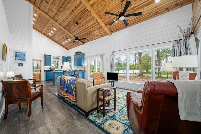 61 Sunset Ct, Tracy City, TN 37387 - living area featuring high vaulted ceiling, a ceiling fan, dark wood finished floors, plenty of natural light, and wood ceiling