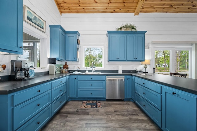 61 Sunset Ct, Tracy City, TN 37387 - kitchen with dishwasher, blue cabinetry, dark countertops, healthy amount of natural light, and wood walls