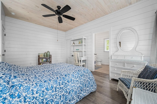 61 Sunset Ct, Tracy City, TN 37387 - bedroom with wooden walls, wood ceiling, dark wood-type flooring, ensuite bathroom, and a ceiling fan