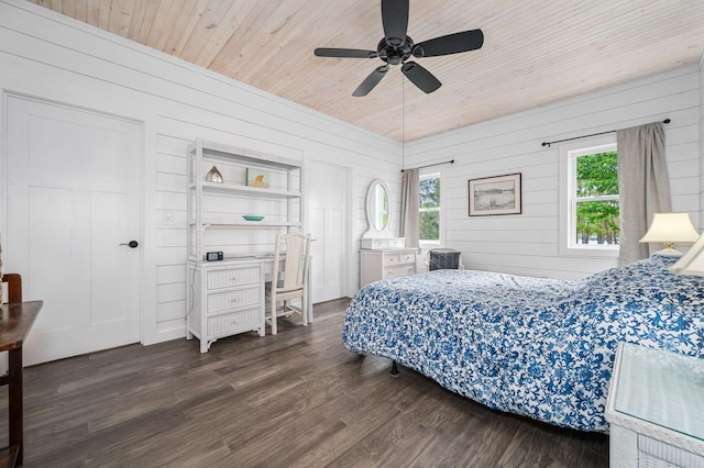 61 Sunset Ct, Tracy City, TN 37387 - bedroom featuring wood ceiling, dark wood-type flooring, wood walls, and ceiling fan