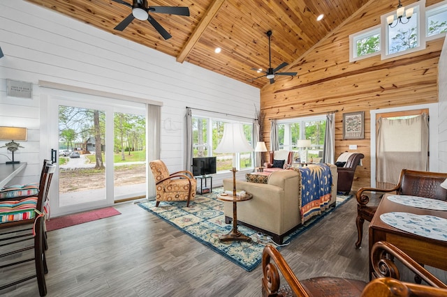 61 Sunset Ct, Tracy City, TN 37387 - living area with ceiling fan, high vaulted ceiling, wooden walls, wood finished floors, and wood ceiling
