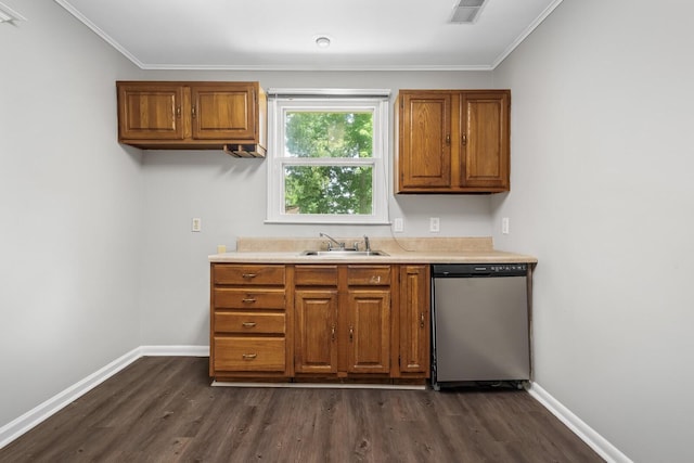 1003 Copper Still Cir, Kingston Springs, TN 37082 - kitchen featuring dishwasher, dark wood finished floors, a sink, brown cabinetry, and crown molding