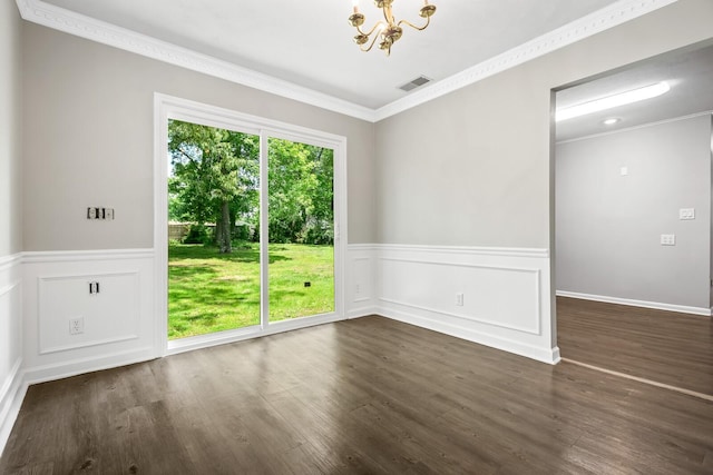 1003 Copper Still Cir, Kingston Springs, TN 37082 - unfurnished room with a chandelier, wainscoting, crown molding, and dark wood-type flooring