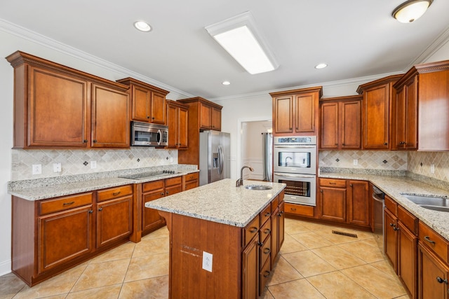 1015 Kingman Ave, Murfreesboro, TN 37129 - kitchen featuring appliances with stainless steel finishes, a sink, ornamental molding, tasteful backsplash, and light stone counters