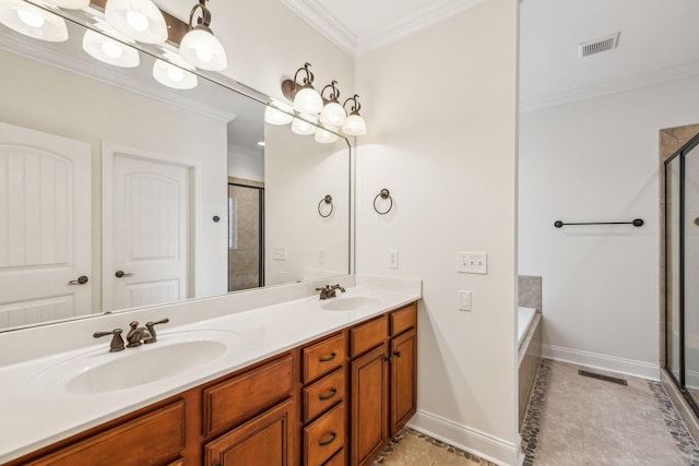 1015 Kingman Ave, Murfreesboro, TN 37129 - full bath with crown molding, baseboards, a shower stall, double vanity, and a garden tub