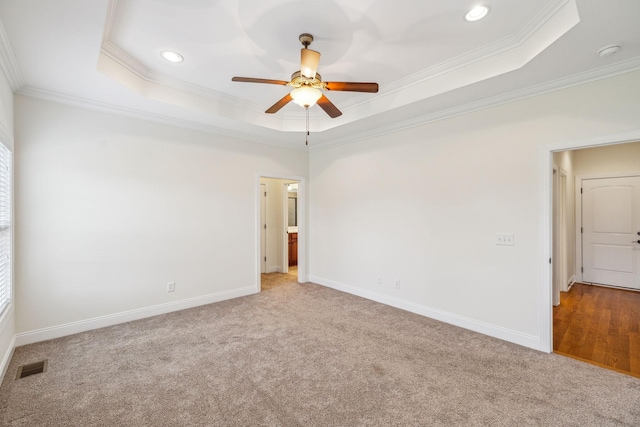 1015 Kingman Ave, Murfreesboro, TN 37129 - spare room featuring ornamental molding, a tray ceiling, ceiling fan, carpet floors, and recessed lighting