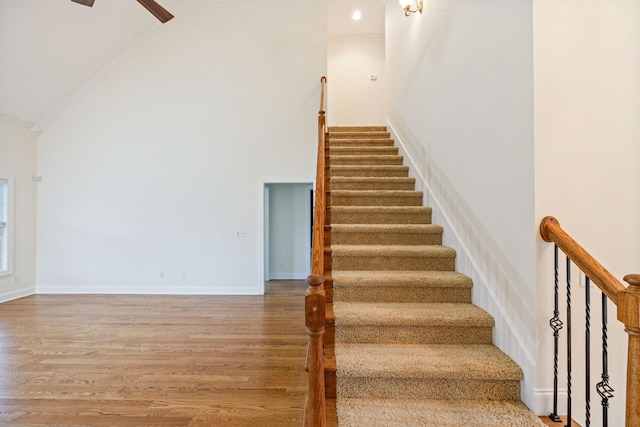 1015 Kingman Ave, Murfreesboro, TN 37129 - staircase with high vaulted ceiling, wood finished floors, a ceiling fan, and ornamental molding