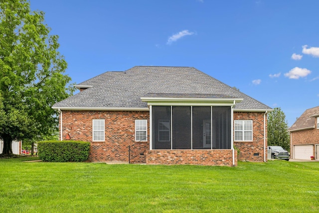 1015 Kingman Ave, Murfreesboro, TN 37129 - rear view of house with a yard, a sunroom, brick siding, and roof with shingles