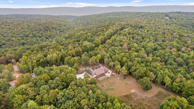 view from above of property with a forest and a mountain backdrop