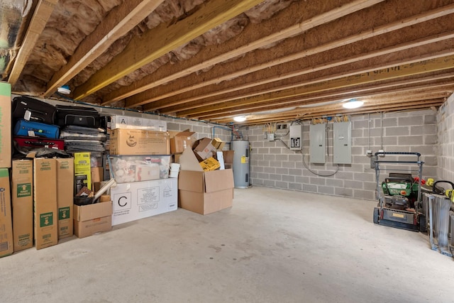 unfinished below grade area featuring water heater and electric panel