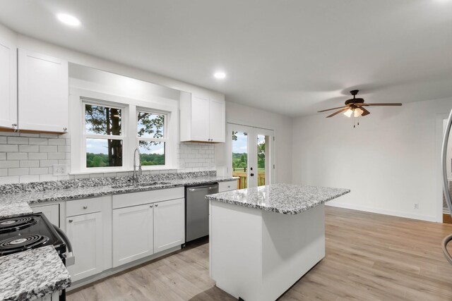 2851 Cooper Creek Rd, Woodlawn, TN 37191 - kitchen with stainless steel dishwasher, a sink, backsplash, white cabinets, and a ceiling fan