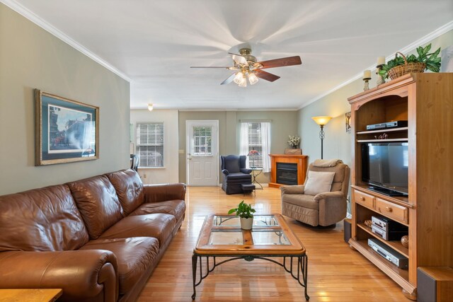 7104 Elrod Rd, Fairview, TN 37062 - living area featuring a ceiling fan, light wood finished floors, a glass covered fireplace, and ornamental molding