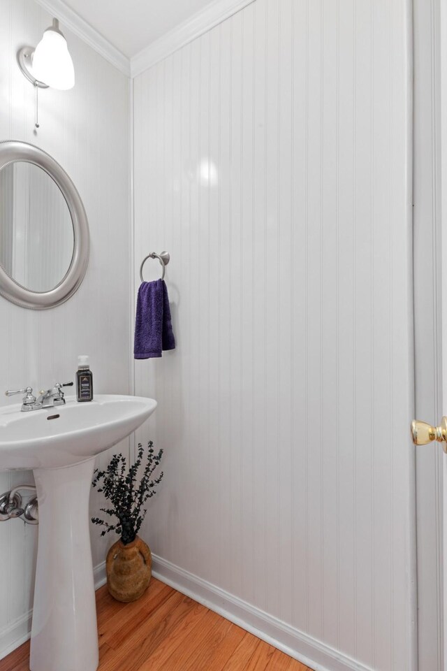 7104 Elrod Rd, Fairview, TN 37062 - bathroom with wood finished floors, a sink, crown molding, and baseboards